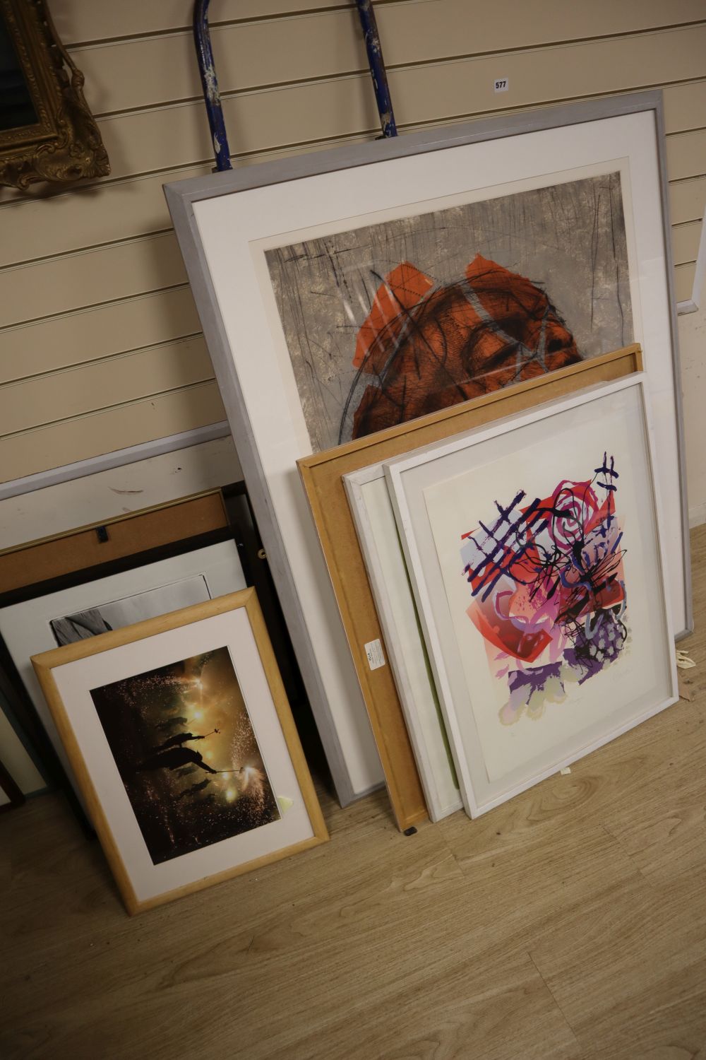 A group of assorted prints and photographs including Carl Rowe screenprint, Mingus, and Niamh Collins, oil on paper, Wiencke,